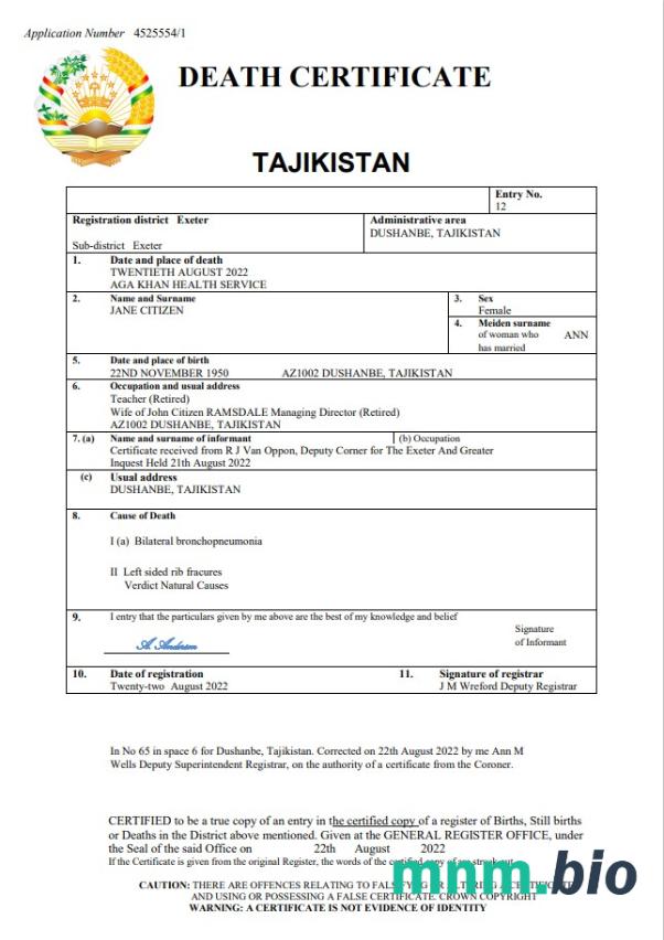 Tajikistan rekord życiowy śmierć certyfikat Word i PDF szablon
